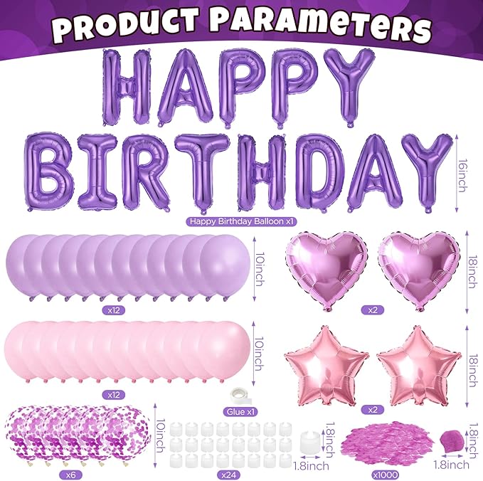 Purple Pink Happy Birthday Balloons Decorations Pink Purple Birthday Balloon Letters Banner with Star Heart Balloon 1000 Pcs Artificial Rose Petals 24 Flameless LED Candles for Birthday Party Supplies