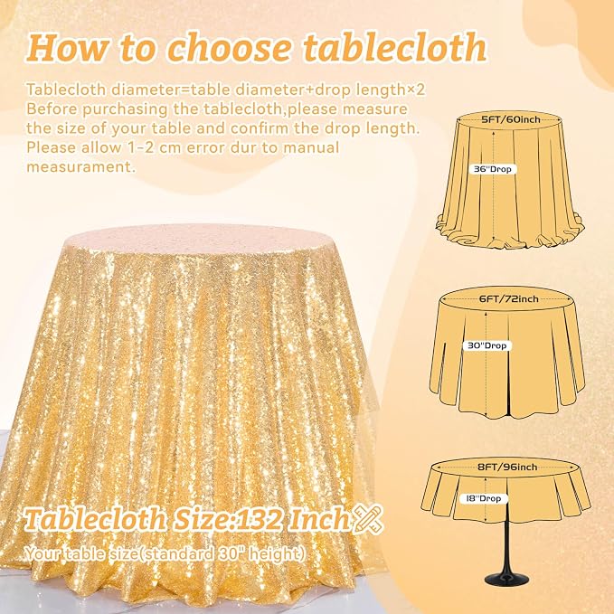 B-COOL Gold Round Tablecloth Party Decorations: 132 Inch Table Cloth Large Sequin Fabric Overlay for Indoor Outdoor Dining Parties Graduation Christmas