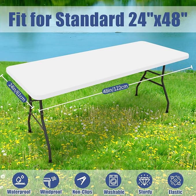 Moosfor Spandex Rectangle Table Cloth 6 Pack, Elastic Fitted Tablecloths for Picnic, Stretch Washable Patio Table Cover for Outdoor, Camping, Banquet and Parties (White, 24"x48")