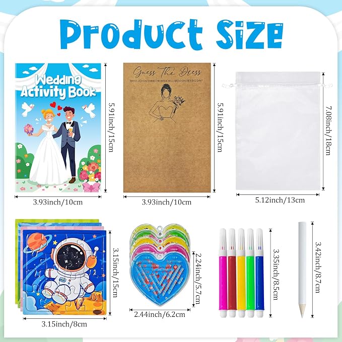 Cinrobiye Wedding Activity Book Set with Coloring Pages, Guess the Dress Cards and Table Games for Wedding Reception, Bridal Shower and Guest Table Activities