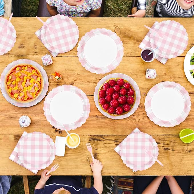 96Pcs Pink Gingham Party Decorations Light Pink & White Scalloped Checkered Plaid Plates and Napkins Tableware Sets for Girls Birthday Baby Shower BBQ Pastel Theme Dinner Party Supplies Serves 24