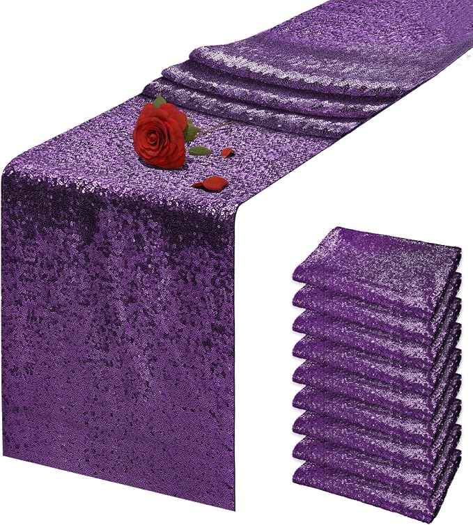 10 Packs 12 x 72 inches Purple Sequin Table Runner, Glitter Runner for Birthday Party Supplies Wedding Holiday Celebration Baby Shower Engagement Anniversary Decor