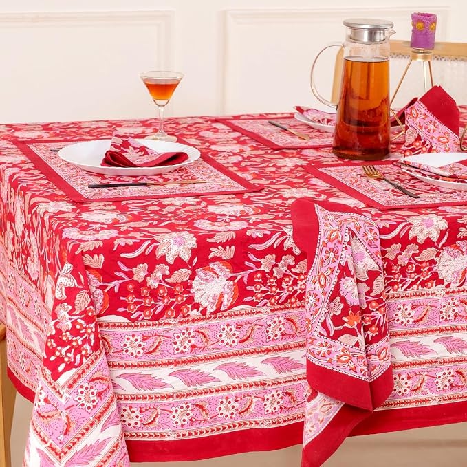Hand Block Printed Tablecloth, Colorful Floral Print, Indian Artisan Handmade Art, Dining Room, Kitchen, Outdoor Décor, (Cherry Red, 10 Seater 72 x 118 Inches Rectangle)