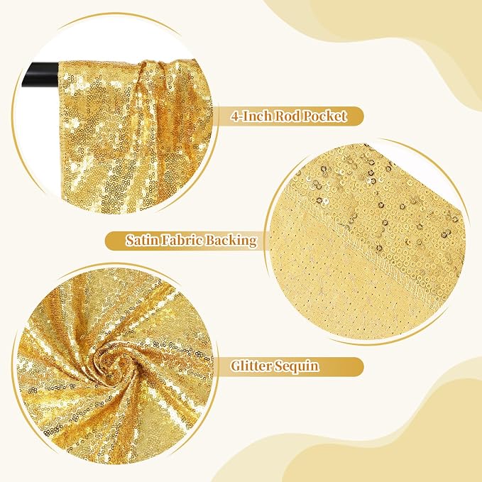 SquarePie 10x10ft Gold Sequin Backdrop for Photography, Satin-Backed Real Sequin Curtain, Enhanced Coverage Shimmering Background with 4" Rod Pocket for Wedding, Birthday, Party Decor, 1 Panel