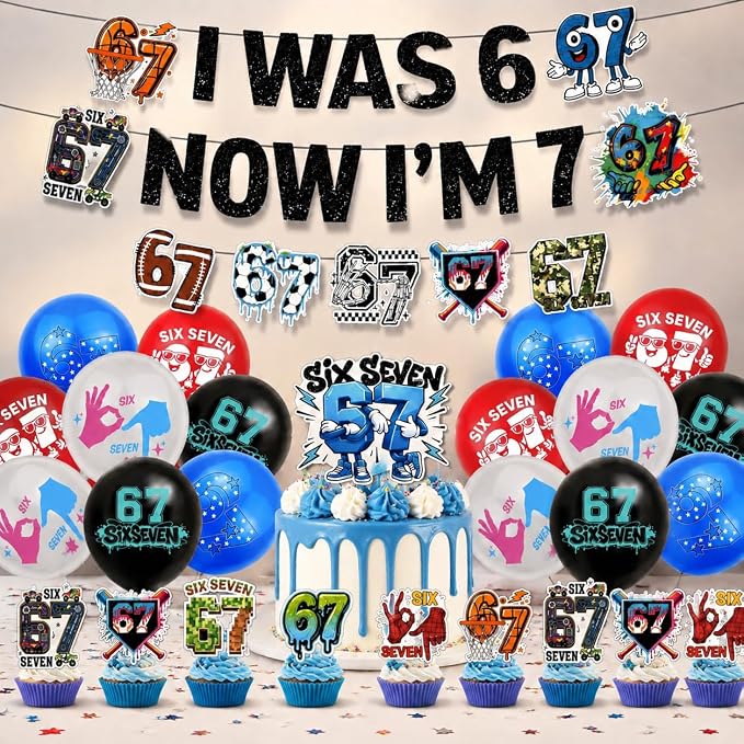6 7 Birthday Decorations Set, I Was 6 Now I'm 7 Banner 12 Cupcake Toppers &16 Balloons, Cool Blue & Black Transition Theme 6 to 7 Birthday Party Supplies Set