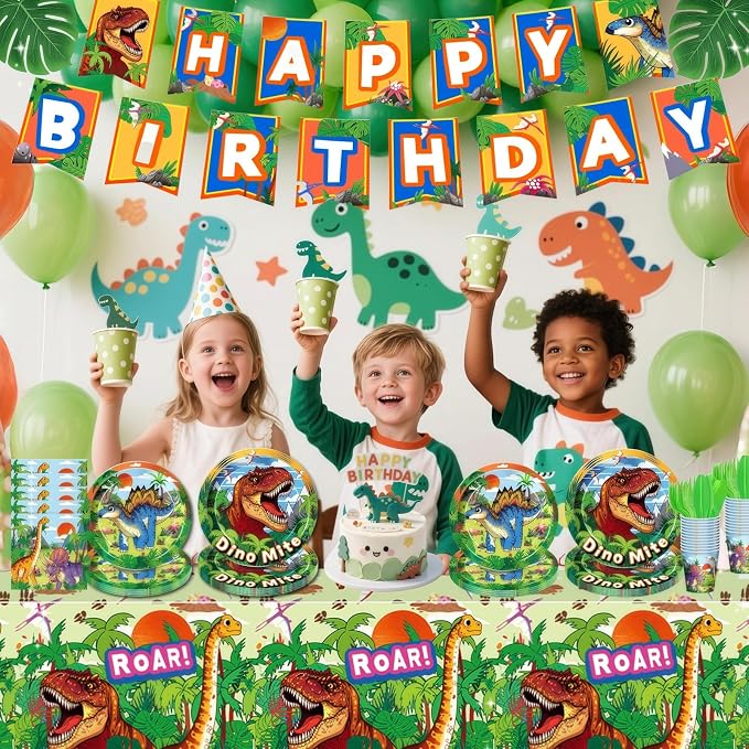 Daidle Birthday Party Supplies Kit for 24 Guests - for Dinosaur Birthday Decorations, with Banner & Tablecloth, Plates, Cups, Napkins and Cutlery, 1st Dinosaur Party Decorations for Kids