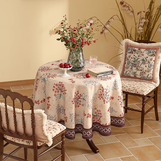 patdrea Vintage French Linen Tablecloth,Round,Diameter 55"-NewMari | Elegant Printed Table Cloth for Round Table,Red Floral Patterned,Durable,Dining Room Kitchen Tea Party Decoration