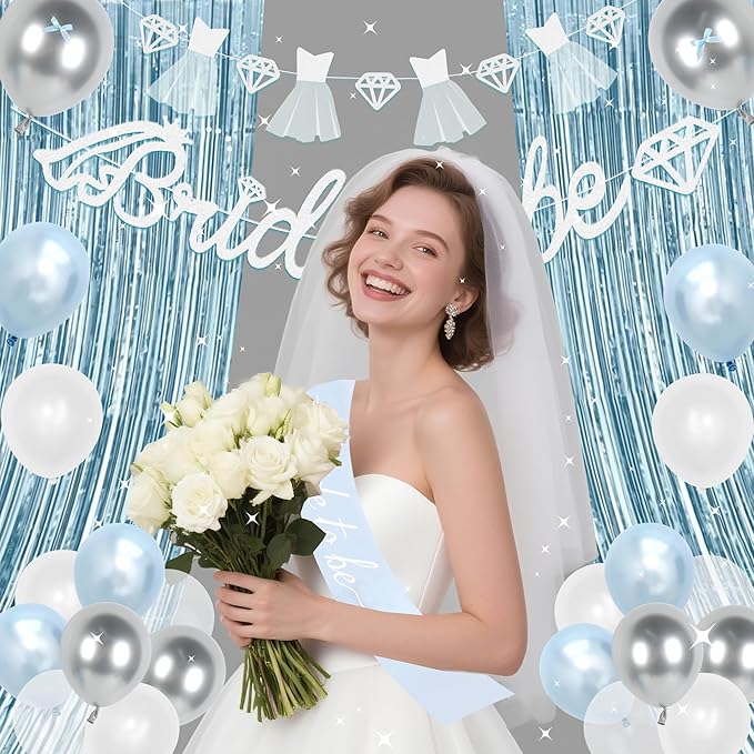 Holkcog Blue Bachelorette Party Decorations, Bride to Be Bridal Shower Decorations, Bride to Be Banner, Bridal Shower Tiara, Sash&Veil, Fringe Curtains, Blue and White Bachelorette Party supply