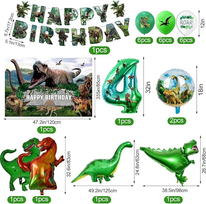Dinosaur Birthday Decorations, Dino Birthday Party Supplies&Decorations 4 Year Old,Dinosaur Theme Party Decoration Set Include Banner Tablecloth Balloons Cake Toppers Plate Napkin for Kids Party