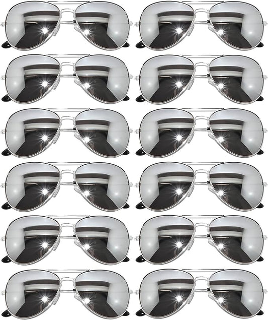 OWL 12 Pack Bulk Aviator Sunglasses Metal Gold, Silver, Black Frame for Men Women Party Glasses