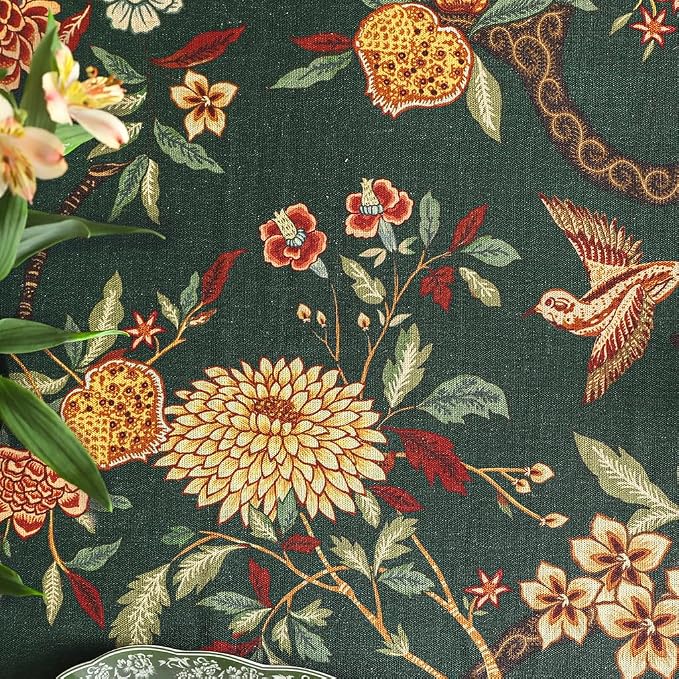ISAENNE Designer Linen Green Rectangular Tablecloth,118"x67"-Mitchell | Vintage Elegant Long Table Cloth Rectangle Table,Floral and Bird Pattern,Dining Room,Kitchen,Tea Party,Thanksgiving,Decor
