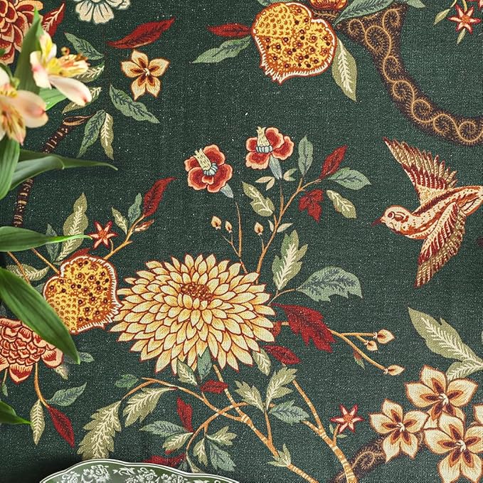 ISAENNE Designer Linen Green Round Tablecloth,Diameter 67"-Mitchell | Vintage Elegant Table Cloth for Round Table,Floral and Bird Pattern,Heavyweight,Dining Room,Kitchen,Thanksgiving,Decor