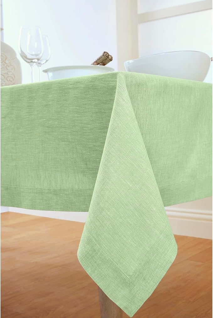 Solino Home Linen Tablecloth 60 x 108 Inch - 100% Pure Linen Chambray Green Table Cloth for Rectangular Tables - Athena, Machine Washable Cloth Tablecloth for Summer