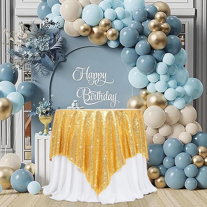 Poise3EHome Gold Sequin Tablecloth 90×90 Inch Square Sequin Fabric Table Cover Overlay for Baby Shower Birthday Party Wedding Christmas Holiday Cake Table Decoration