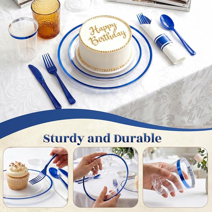 350pcs Plastic Plates for Party Clear & Blue | Disposable Plastic Dinnerware Set for 50 Guests Include 100 Plastic Plates,50 Cups & 50 Pre Rolled Napkins with Cutlery Set