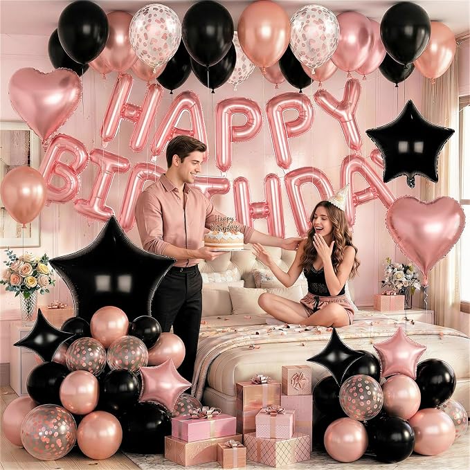 Rose Gold and Black Birthday Decorations for Women Black Pearl Rose Gold Metallic Party Balloons Confetti Balloon Happy Birthday Banner Heart Balloons 18/10 Inch Star Balloon for Bday Party Supplies