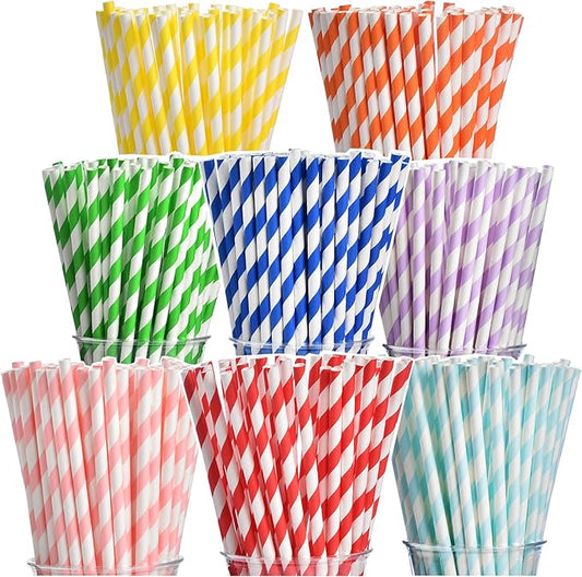 ALINK 200-Pack Biodegradable Paper Straws, Assorted Rainbow Striped Smoothie Straws for Birthday, Wedding, Bridal/Baby Shower, Christmas Decorations and Party Supplies