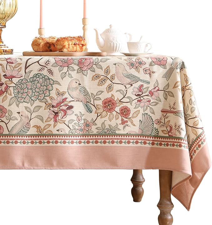 patdrea Vintage French Linen Tablecloth,Rectangular,94"x63"-Kulom A | Elegant Large Table Cloth for Rectangle Table,Leaves and Bird Patterned,Dining Room Tea Party Thanksgiving Decor,Pink
