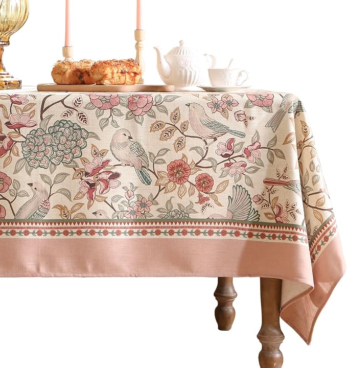 patdrea Vintage French Linen Tablecloth,Rectangular,87"x63"-Kulom A | Elegant Table Cloth for Rectangle Table,Leaves and Bird Patterned,Dining Room Tea Party Thanksgiving Decor,Pink