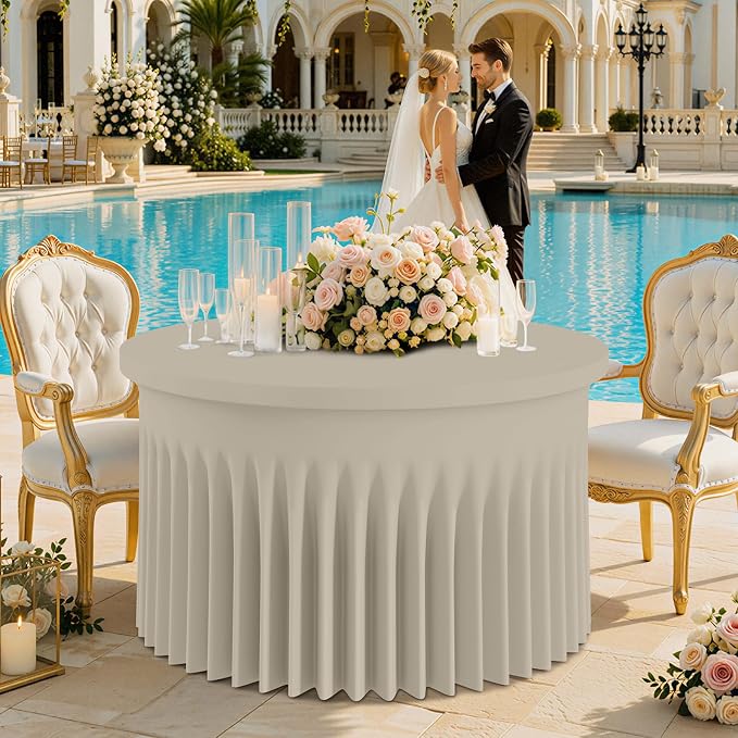 Smiry Round Spandex Tablecloth, Elastic Fitted Washable Tablecloths for 60 Round Tables, Waterpoof Stretch Table Cover Skirt for Outdoor, Wedding, Banquet & Parties, Taupe