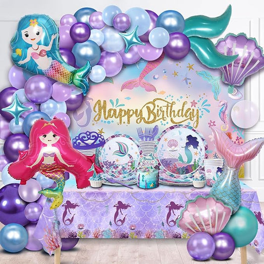 Party Spot! 193 pcs Mermaid Birthday Decorations For Girl, Mermaid Party Decorations Supplies Kit, 16 Tableware Sets, Balloon Arch,Disposable Paper Plates