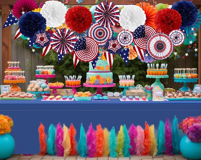 27 Pcs 250th Anniversary Party Decoration, 6 Pcs Disposable Tablecloth 21 Hanging Paper Fan, Pom Poms Flower, Garland String Polka Dot and Triangle Flag Set for 4th of July Patriotic Independence Day
