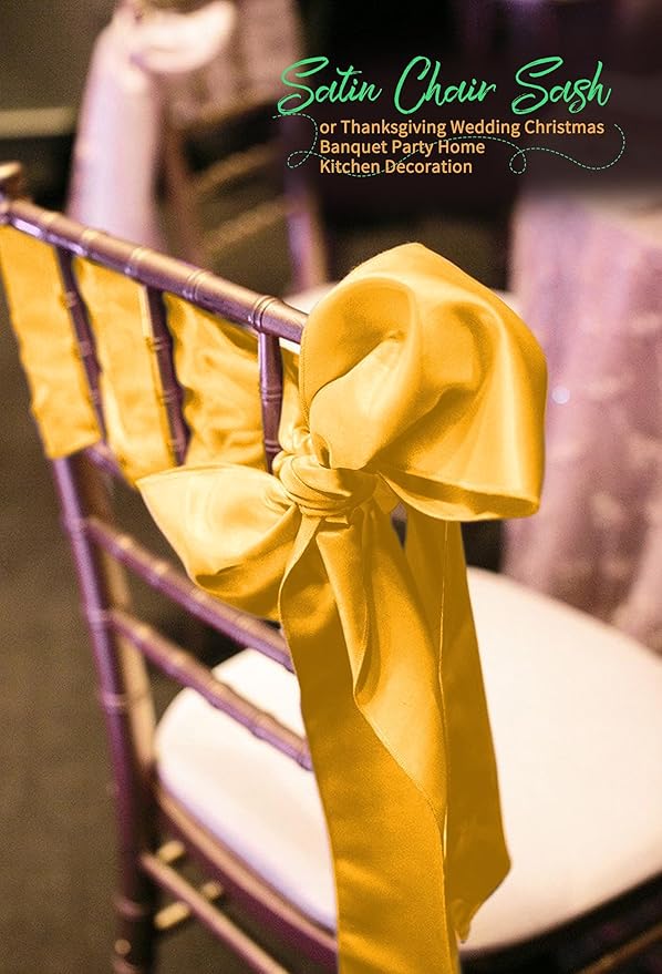 120 PCS Gold Satin Chair Sashes, Ties Bows Designed Chairs Decorative, Chair Cover Sashes for Thanksgiving Wedding Christmas Banquet Party Home Kitchen Decoration (7 x 108 inch)