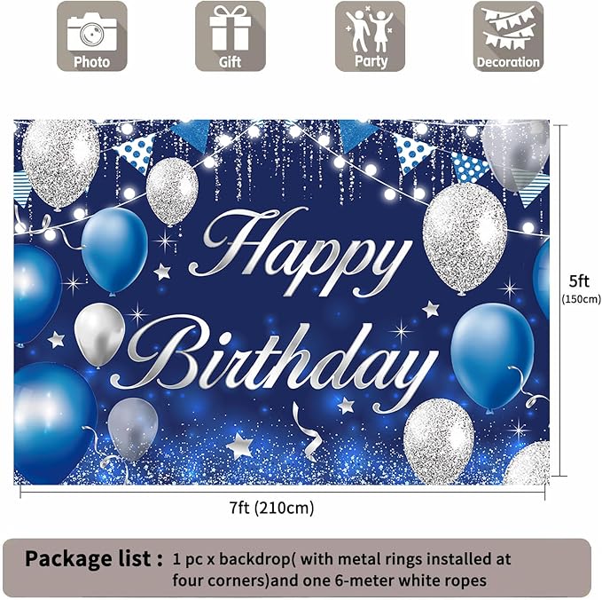 Happy Birthday Backdrop for Men Boys Navy Blue and Silver Birthday Banner Decorations for Women Girls Party Background Supplies Glitter Indoor Outdoor Photo Booth Props Polyester Fabric 7x5ft