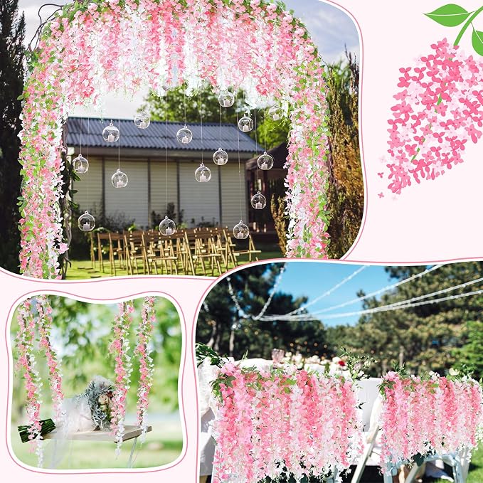 Thiccywoov 8pcs Wisteria Artificial Flowers Garland, 7.2Ft/Piece Wisteria Hanging Flowers Garland for Wedding Arch Decoration Outdoor Ceremony Home Backdrop Garden (Pink,Dark Pink,White)