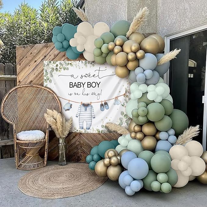 Greenery Baby Shower Decorations Boy A Sweet Baby Boy is On The Way Backdrop for Boy Birthday Party Decor Sage Green Balloons Oh Boy Baby Shower