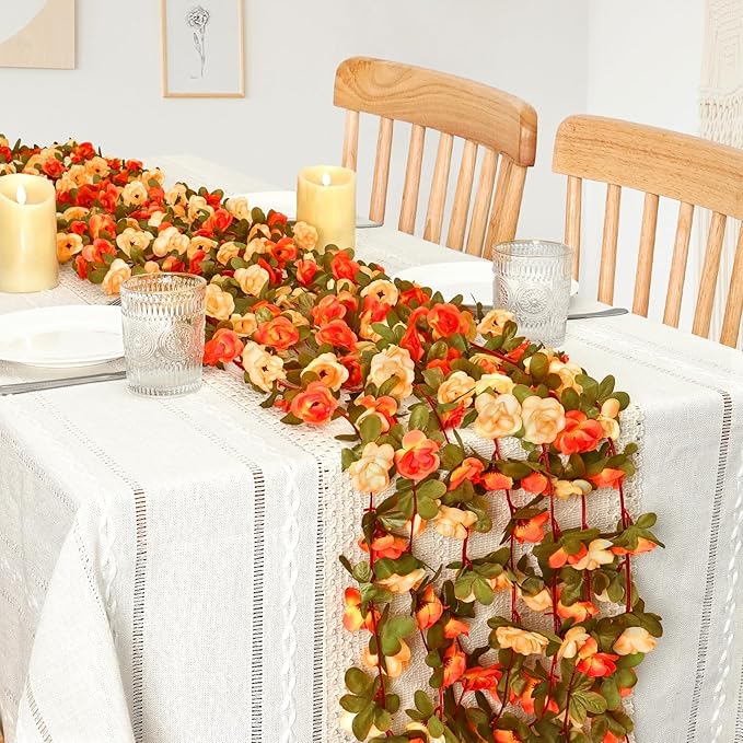 KHOYIME 9 Pack 72 FT Artificial Flower Garland, Fake Orange Roses Vines Silk Flowers Faux Plastic Outdoor Hanging Floral Garland Fall Autumn Decoration for Indoor Table Home Wall Backdrop Room Decor