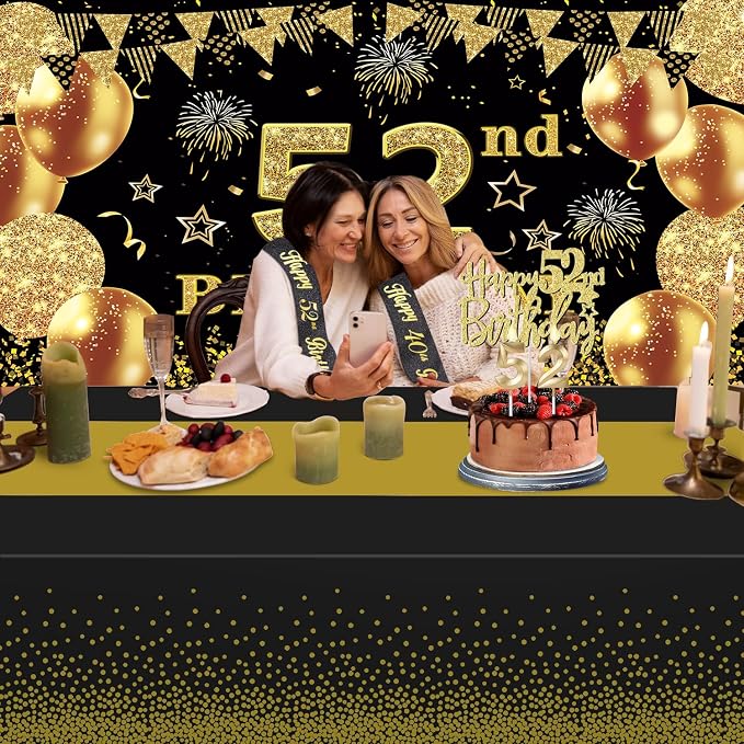 52nd Birthday Decorations Men Women with 52nd Birthday Banner, Black and Gold Table Cloth, Number Balloons, Large Sash, Cake Topper and Candles