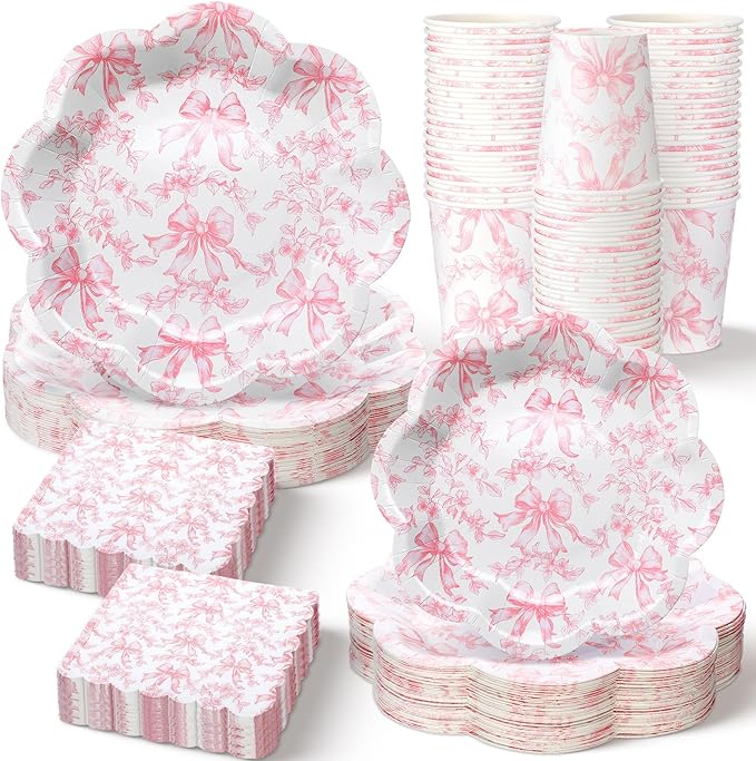 Newtay 250 Pcs Pink Bow Paper Plates and Napkins Coquette Valentine's Day Party Supplies Disposable Tableware Set for 50 Guests Pink Bow Paper Plates Napkins Cups for Baby Shower Birthday Decoration