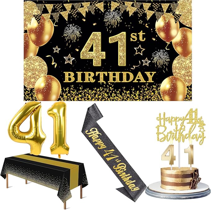 41st Birthday Decorations Men Women with 41st Birthday Banner, Black and Gold Table Cloth, Number Balloons, Large Sash, Cake Topper and Candles