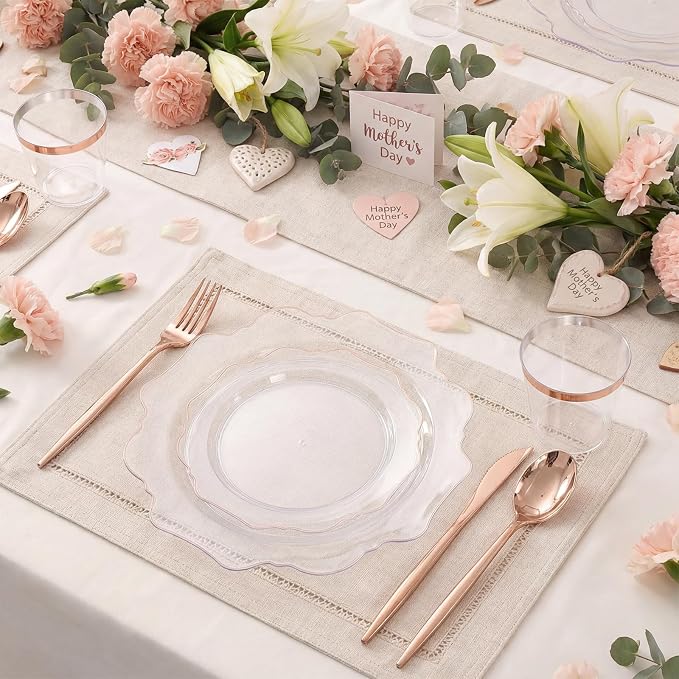 WDF 350Pcs Rose Gold Plastic Plates - Clear Rose Gold Disposable Plates 50Guest Plastic Dinnerware for Birthday/Wedding/Spring Party