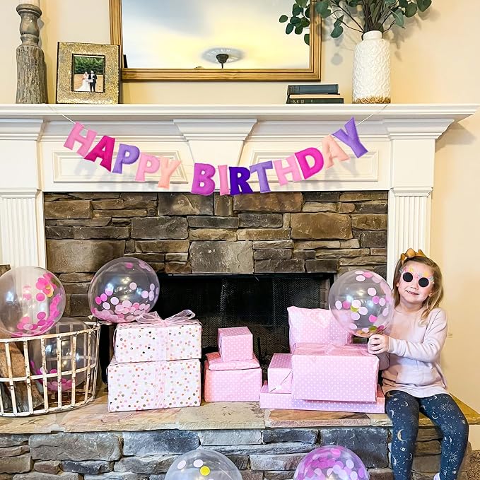 Pre-Strung Happy Birthday Banner - Felt Ball Garland - HAPPY BIRTHDAY Garland, Pink Birthday Decorations, Personalized Happy Birthday Sign for Birthday Decor, Party Decor, Photo Prop (Pink)