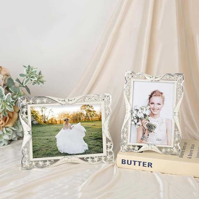 4x6 Vintage Metal Picture Frame White Pearl Photo Frame Wedding Decoration, Clear Glass Front, Unique Tabletop or Wall Display, Mothers Day Gifts for Mom Women, Horizontally & Vertically