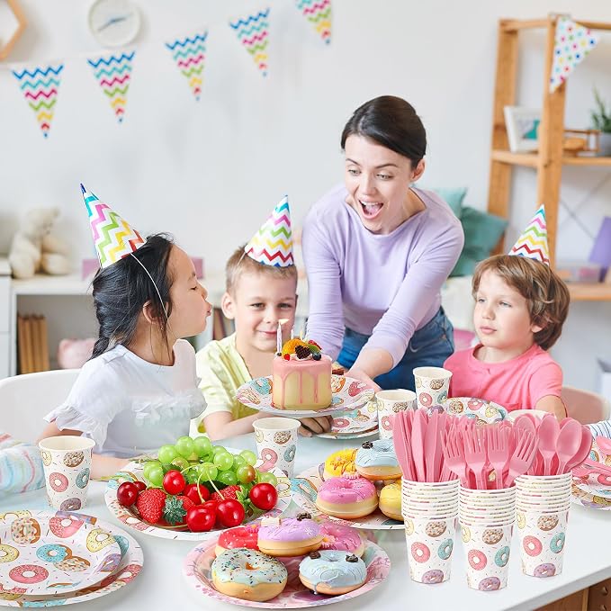 Ziliny 350 Pcs Donut Grow up Party Supplies Tableware Set Disposable 9'' 7'' Paper Plates 9 oz Cups Cutlery Napkins Dinnerware Set for 1st Birthday, Serve 50 (Donut Grow Up, Macron Color)