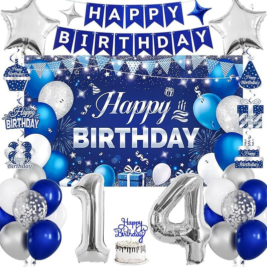 14th Birthday Decorations for Boys & Girls, Navy Blue and Silver Happy 14th Birthday Party Decorations with Number Balloons, Hanging Swirls, Cake Topper for 14 Years Old Party Supplies