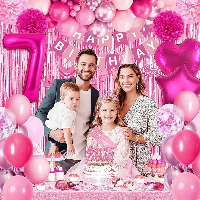 7th Birthday Decorations for Girls, Pink Party Decorations with Number 7 Balloon Happy Birthday Banner Bday Sash Crown Tablecloth Fringe Curtain Hanging Swirl for 7 Balloons for Bday Girl