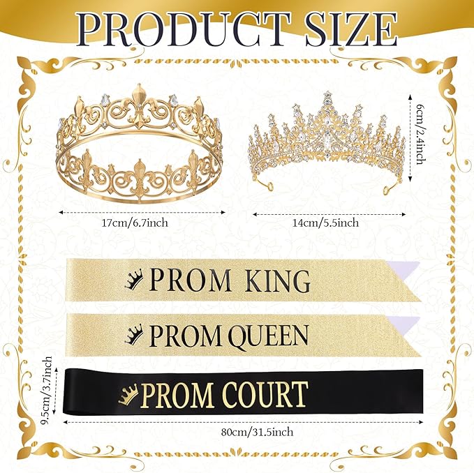 Saintrygo 12 Pcs Prom Crown and Sash Set, Prom King and Queen Tiara Rhinestone Crown Glitter Court Royal Satin Sash for 2026 Graduation Ball Dance Night Party Birthday Accessory(Gold,Classic)
