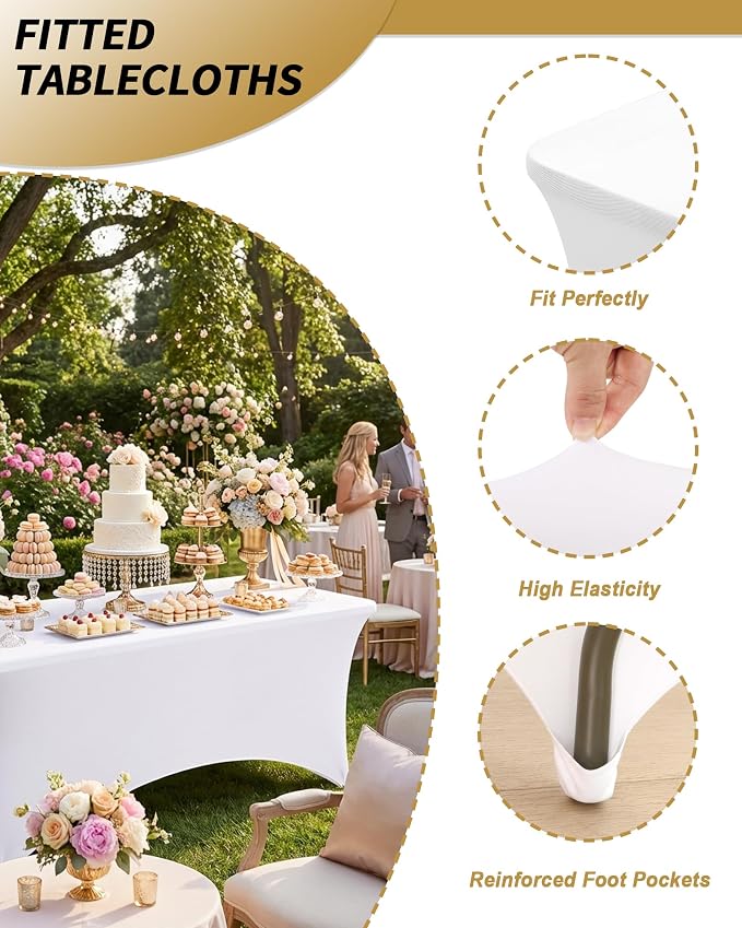 Fixwal White Tablecloths for 8 Foot Rectangle Tables, 4 Pack Spandex Stretch Fitted Table Covers for Party, Trade Show, Banquet, Wedding, Buffet