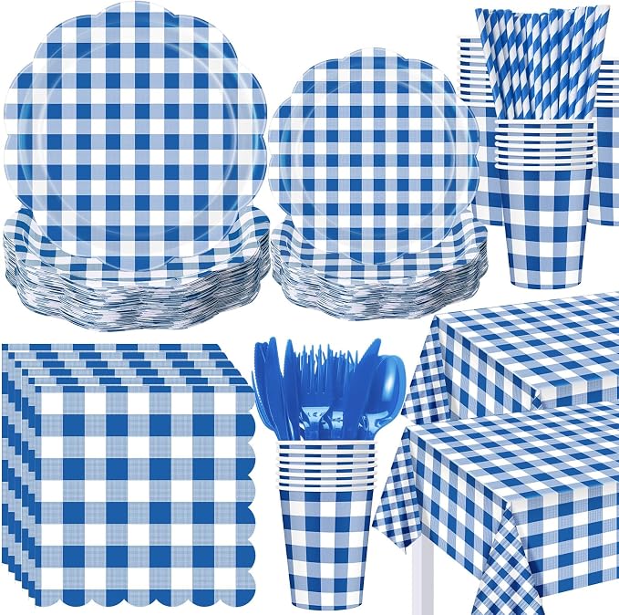 Funnymoom 452 Pcs Blue Gingham Party Supplies for 50, Dark Blue and White Gingham Checkered Paper Plates Napkins Cups Tablecloth Cutlery Straws for Birthday Family Picnic Barbecue Party Decoration