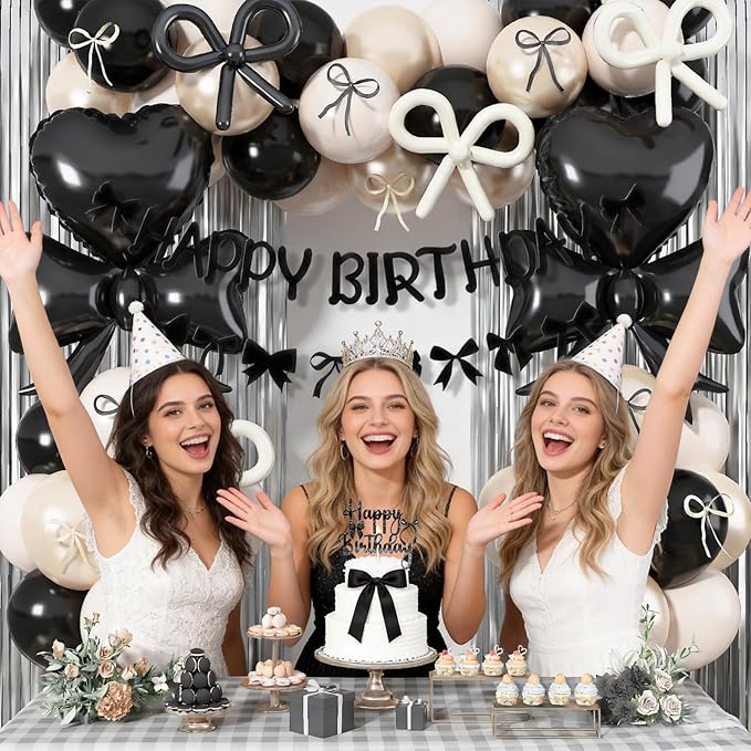 Black Bow Birthday Party Decorations, Coquette Bow Black Sand White Beige Balloons with Bows Decor Happy Birthday Banner Fringe Curtain for Women Girls Bows Theme Bachelorette Baby Shower Party