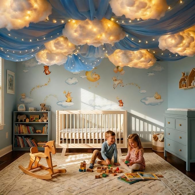 VioraWhite 15 Pcs Blue Sky White Cloud Ceiling Decor, 8 Pcs 60x12 ft Blue Sky Backdrop, 6 Artificial Cloud 3D Cotton for DIY Classroom Hanging Ornament Birthday Wedding Nursery Room with Light String