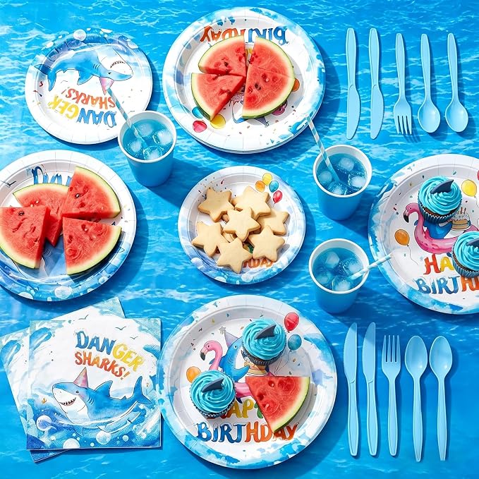 190pcs Shark Plates Napkins Party Supplies Decorations Disposable Tableware Set Include Cups Cutlery Cake Cupcake Topper Banner Hanging Swirl Balloon Tablecloth for Shark Birthday Decorations Serve 20