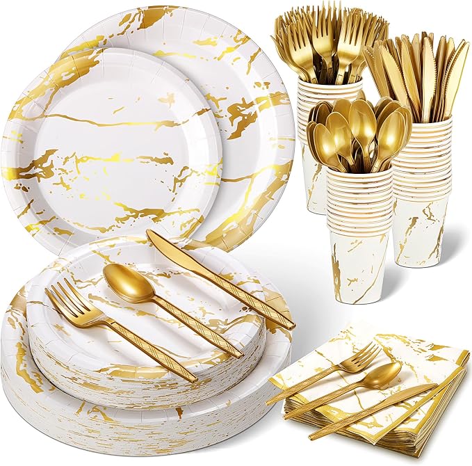 Bokon 350 Pcs Gold White Party Supplies Disposable Dinnerware Set Include 100 Plates 50 9 oz Paper Cup 50 Sets Spoon Fork Knives 50 Napkin for 50 Guests Wedding Birthday Valentines Party Decoration