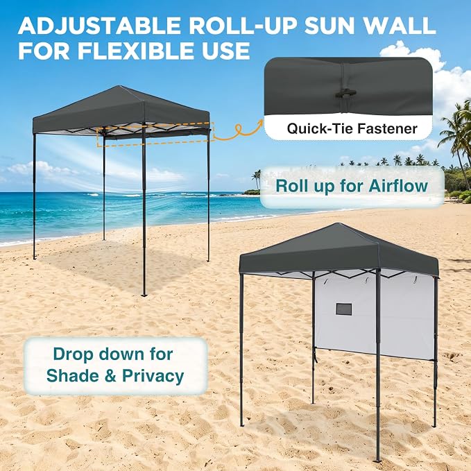 EAGLE PEAK 6x4 Instant Pop Up Canopy Tent with 1 Half Wall Panel, Straight Leg Sun Shelter, Portable Canopy with Carry Bag for Camping, Beach & Sports, Dark Gray