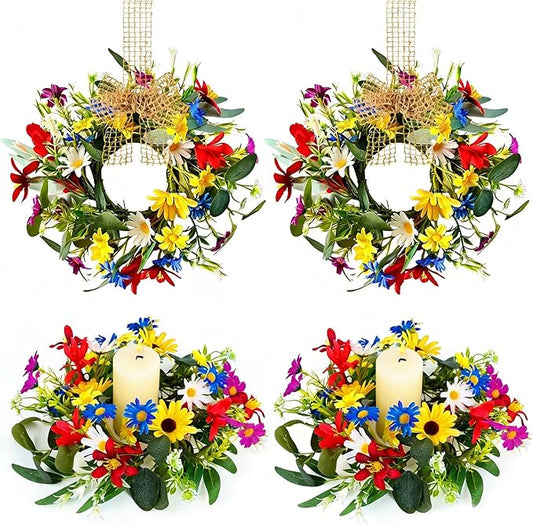 4 PCS 9'' Mini Floral Kitchen Cabinet Wreath Small Artificial Spring Summer Wreath for Front Door with Burlap Ribbon Sunflowers Daisy Butterfly Hanging Farmhouse Wreaths for Porch Wall Window Decor