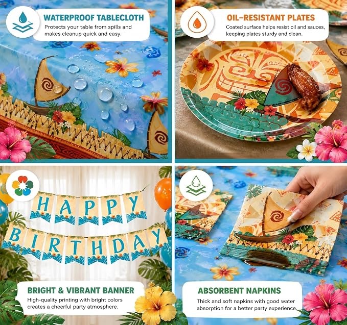 170PCS Tropical Birthday Party Decorations Set - Hawaiian Luau Tableware Set with Plates, Cups, Napkins, Cutlery, Tablecloth & Banner for Ocean Princess Party Supplies, Serves 24 Guests
